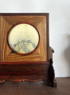 红木屏风摆件 红酸枝花梨瘿木天然石画台屏 中式木雕客厅插屏画框