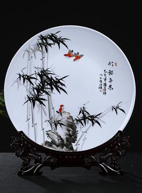 景德镇陶瓷器手绘梅花荷花竹挂盘装饰盘子现代家居装饰工艺品摆饰