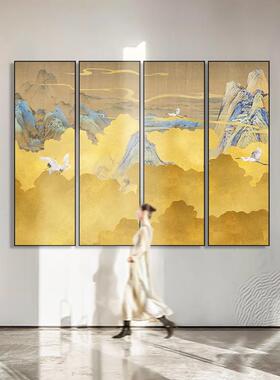 中式竖版装饰画抽象黄色意山水画境景风酒店大堂五联画茶瑞鹤室图