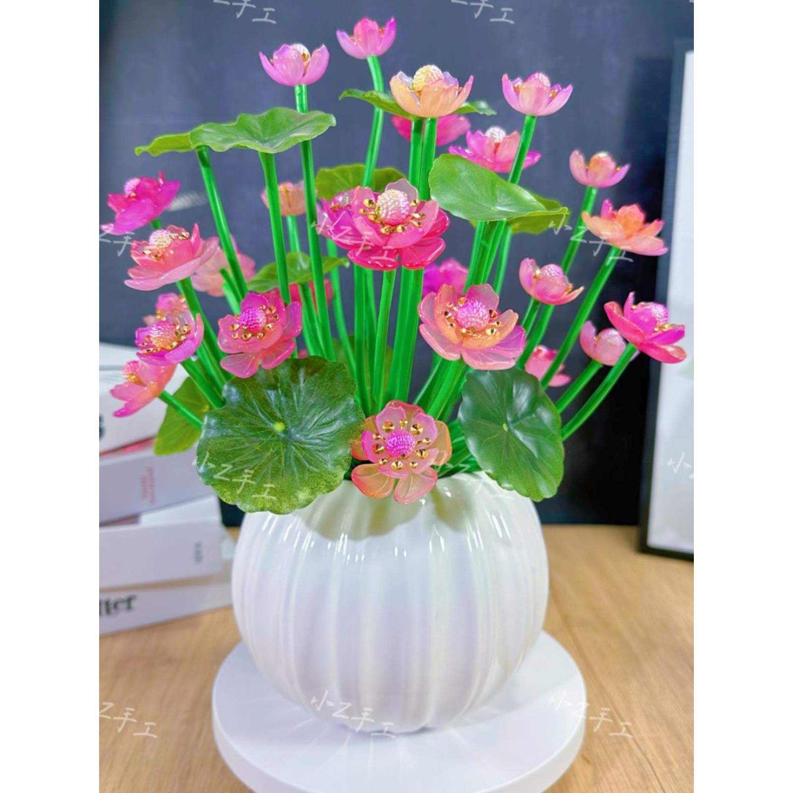 爆款贵妃荷花手工DIY材料包仿真渐变花瓣串珠花束编织品家居摆件 - 图2