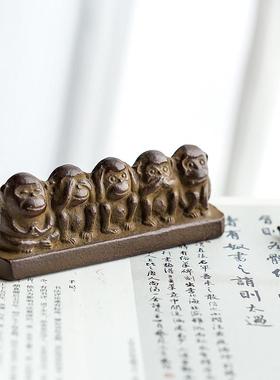 日本进口南部铁器生肖猴年铸铁书房摆件马场忠宽文镇书镇纸五不猴