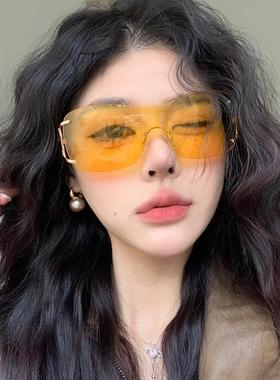 欧美时尚大框黄色眼镜登山骑行防风护目太阳眼镜抗UV高级感太阳眼