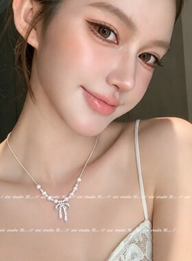 韩系田园风蕾丝蝴蝶结珍珠项链甜美可爱锁骨链高颜值巨好看颈饰品