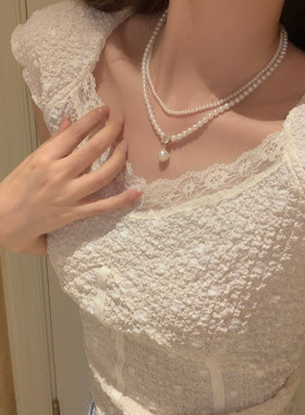 法式镶钻双层仿珍珠项链女2026新款锁骨链高级感轻奢小众颈链配饰