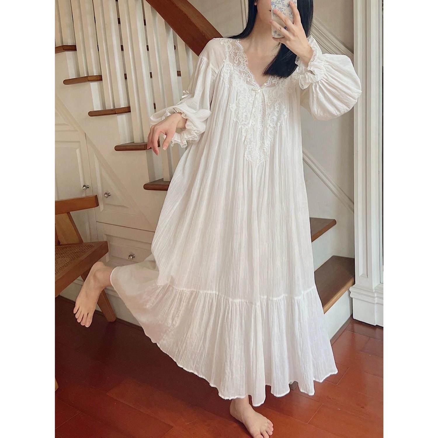 法式宫廷睡裙女春秋季很仙的睡衣蕾丝花边公主风长裙子中袖家居服,淘宝优惠券,粉丝福利购,淘宝优惠卷