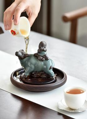 哥窑陶瓷牧童小牛摆件家居茶室茶桌茶宠茶道配件鱼缸园艺装饰摆设