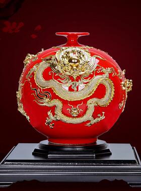 漆线雕天地方圆陶瓷贴金箔花瓶摆件家居装饰品结婚乔迁开业礼品
