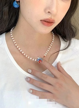 童趣红色草莓串珠天然淡水珍珠项链设计感小众ins锁骨链女