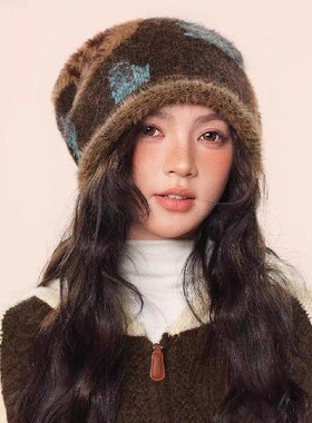 时尚豹纹毛绒堆堆帽子女秋冬季保暖防寒包头针织冷帽显脸小毛线帽