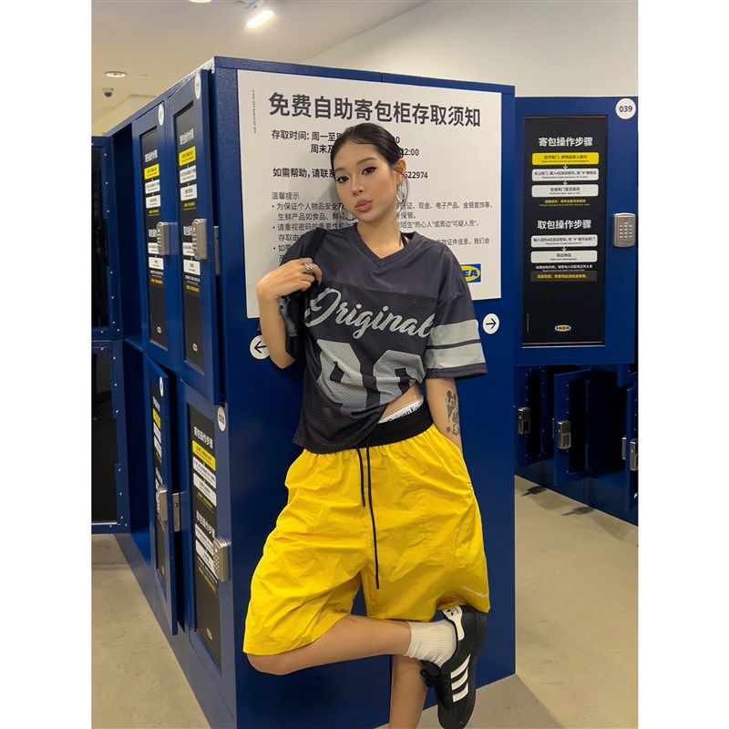 F383 2025美式复古撞色拼接松紧腰抽绳运动短裤基础百搭简约男女,淘宝优惠券,粉丝福利购,淘宝优惠卷