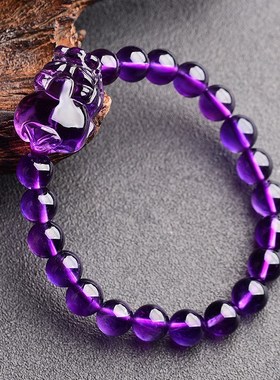 乌拉圭紫水晶小貔貅手链天然原矿小巧皮休手串饰品送闺蜜女友礼物