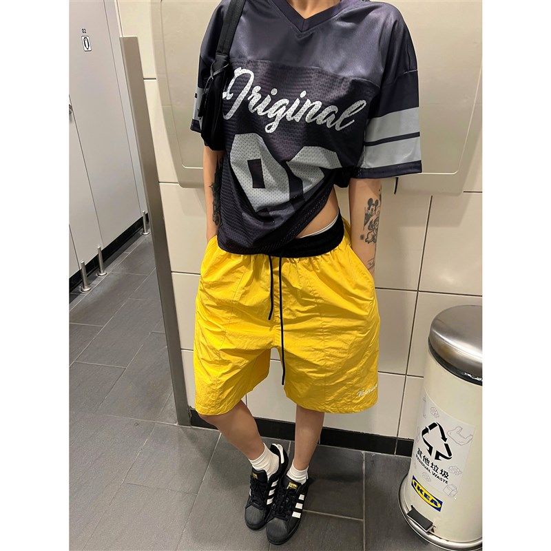 F383 2025美式复古撞色拼接松紧腰抽绳运动短裤基础百搭简约男女,淘宝优惠券,粉丝福利购,淘宝优惠卷