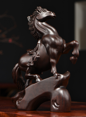 黑檀木雕马摆件实木新中式马到成功家居客厅书房办公桌面装饰礼品