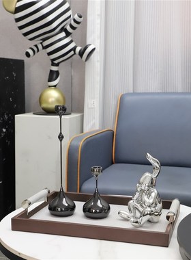 现代简约金属皮革方形手提收纳托盘摆件客厅茶几饭厅家居软装饰品