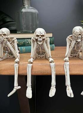 哥特风吊脚骷髅头不听不看不说暗黑礼物有趣家居庭院氛围装饰摆件