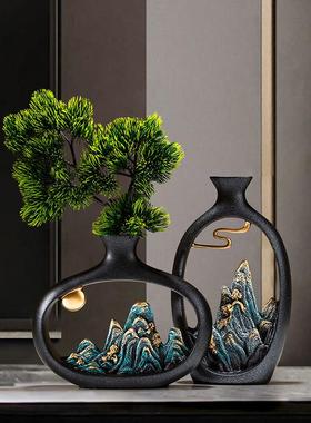 新中式迎客松花瓶摆件高端客厅电视柜博古架办公室茶室桌面装饰品