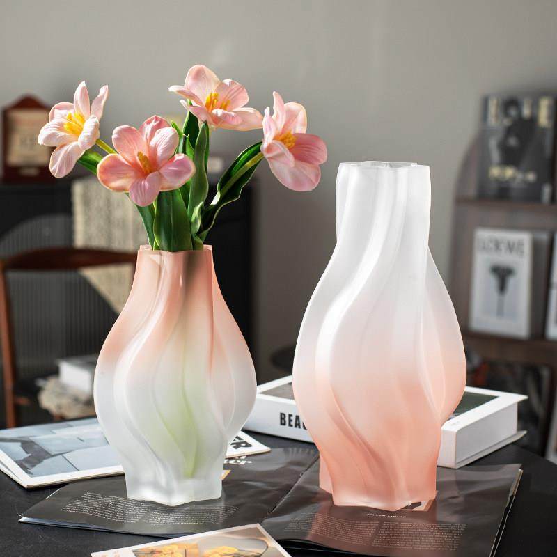 花瓶设计感小众磨砂玻璃粉色扭纹高级感创意客厅餐桌插花艺术摆件,淘宝优惠券,粉丝福利购,淘宝优惠卷