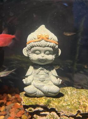 鱼缸造景黑色神话悟空摆件斗佛禅宗微景金环茶几书桌镇纸