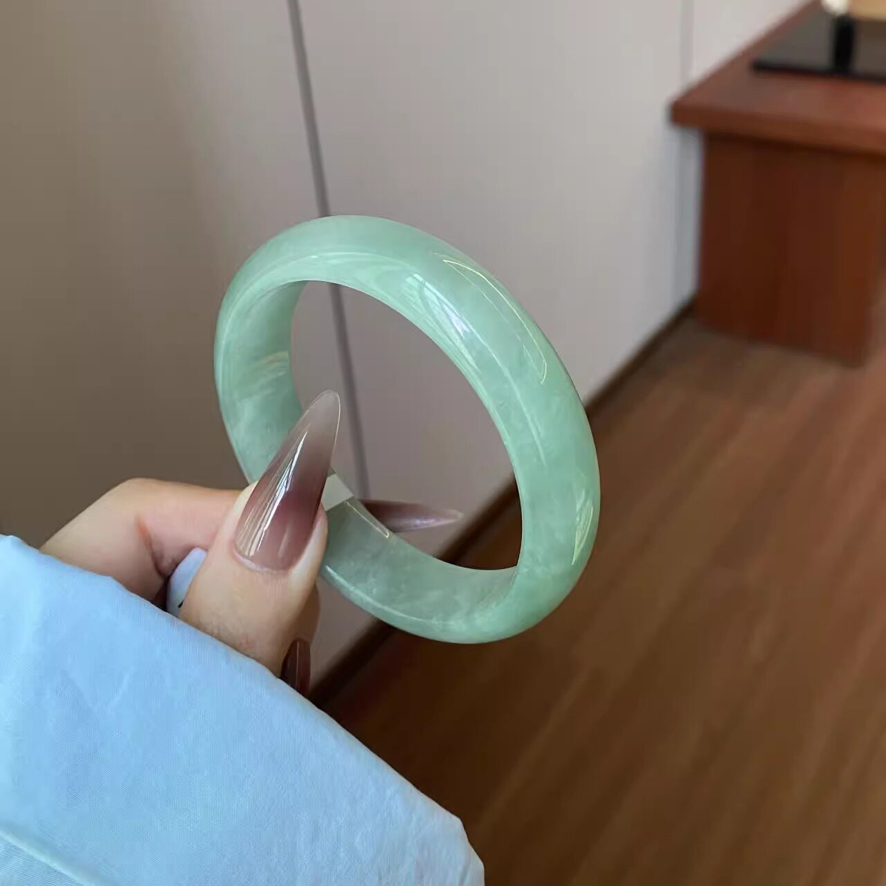 玉长情【丹青系列】冰种缅甸翡翠玉手镯子女款冰油青冰透玉石饰品