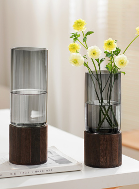 原色玻璃花瓶木桩底座简约摆件