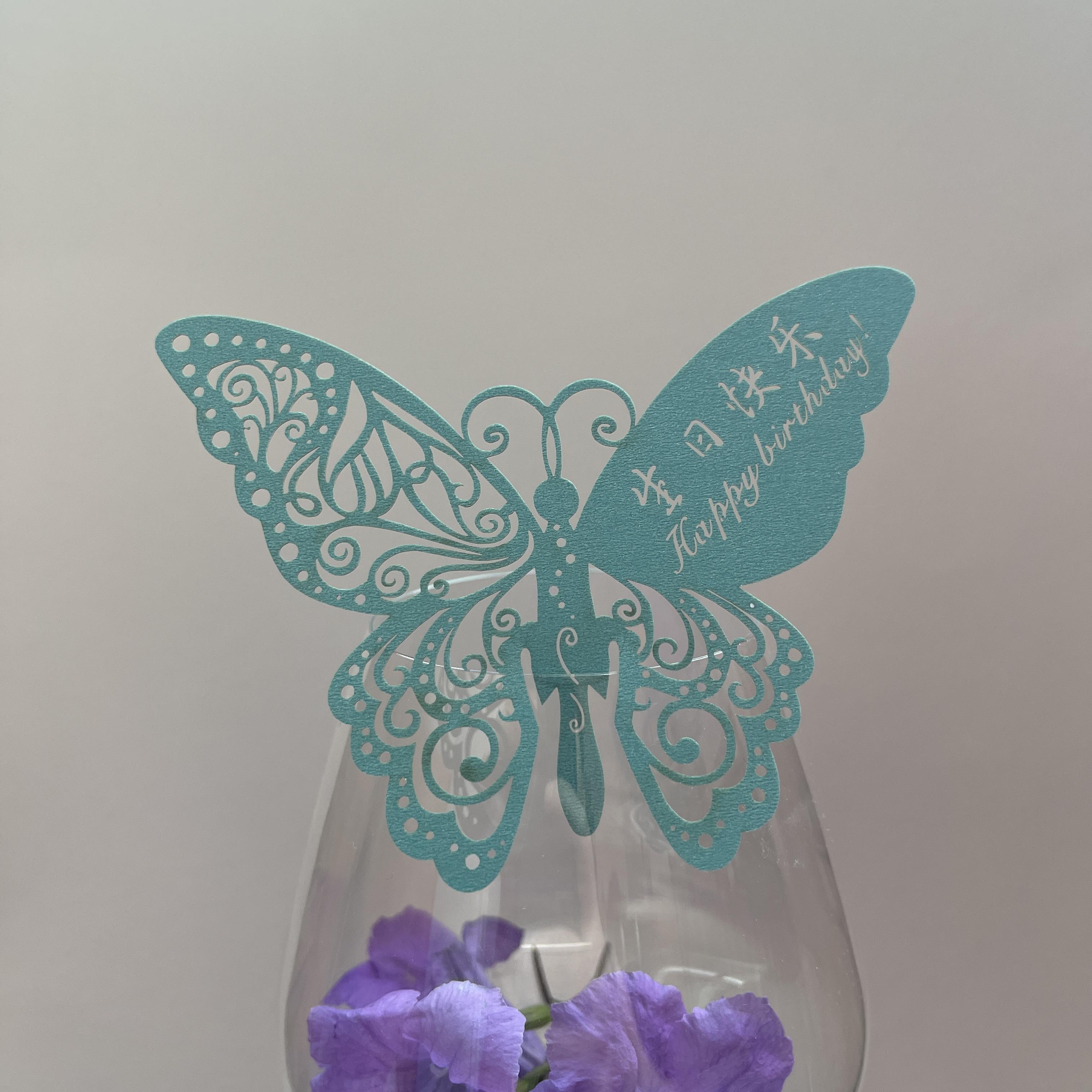 欧美镂空蝴蝶红酒杯卡 婚礼席位卡 宴会装饰桌卡生日快乐插卡50个 - 图3