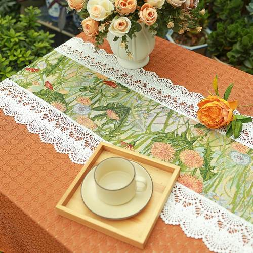 法式田园风花卉餐桌桌旗轻奢高级茶几电视柜长条柜台高档装饰盖布 - 图0