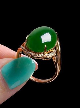 新疆天然和田玉3D硬金配钻石镶嵌菠菜绿戒指女玉石碧玉色指环正品