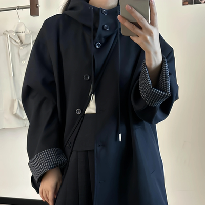 FF格纹拼接工装风衣外套2025新款女春秋撞色高级感英伦风大衣