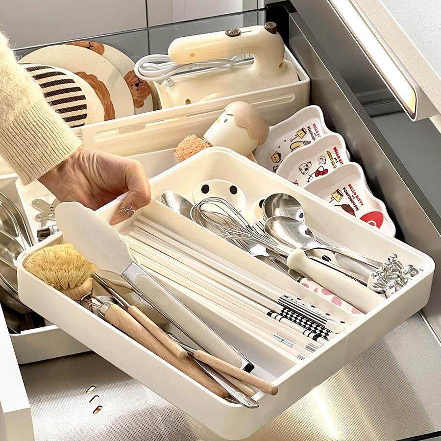 可伸缩抽屉收纳盒内置分隔盒餐具筷勺子保鲜膜分格厨房用品整理盒,淘宝优惠券,粉丝福利购,淘宝优惠卷