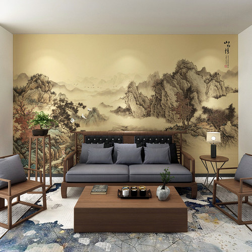 明清古典中式墙布电视背景墙客厅沙发影视墙纸山水手绘壁画水墨 - 图2