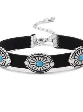 欧美时尚复古颈链金属花盘松石韩国绒项链choker波西米亚颈链颈圈