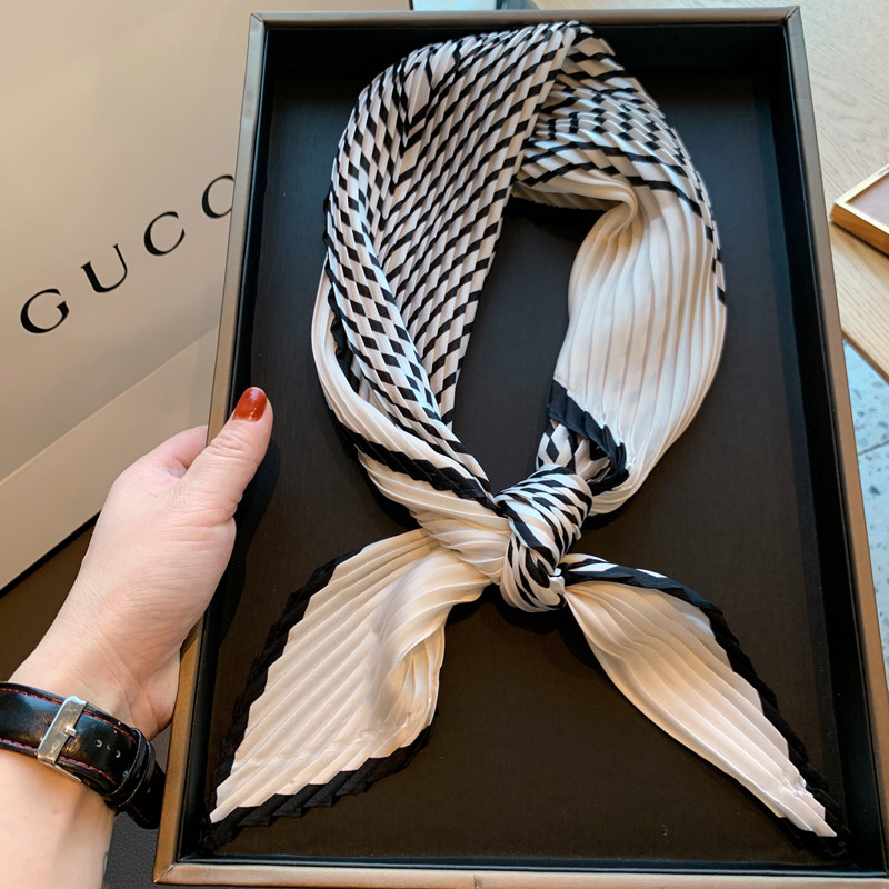 韩版百搭黑色条纹褶皱围巾洋气纱巾F春秋季时尚装饰职业领巾丝巾,淘宝优惠券,粉丝福利购,淘宝优惠卷