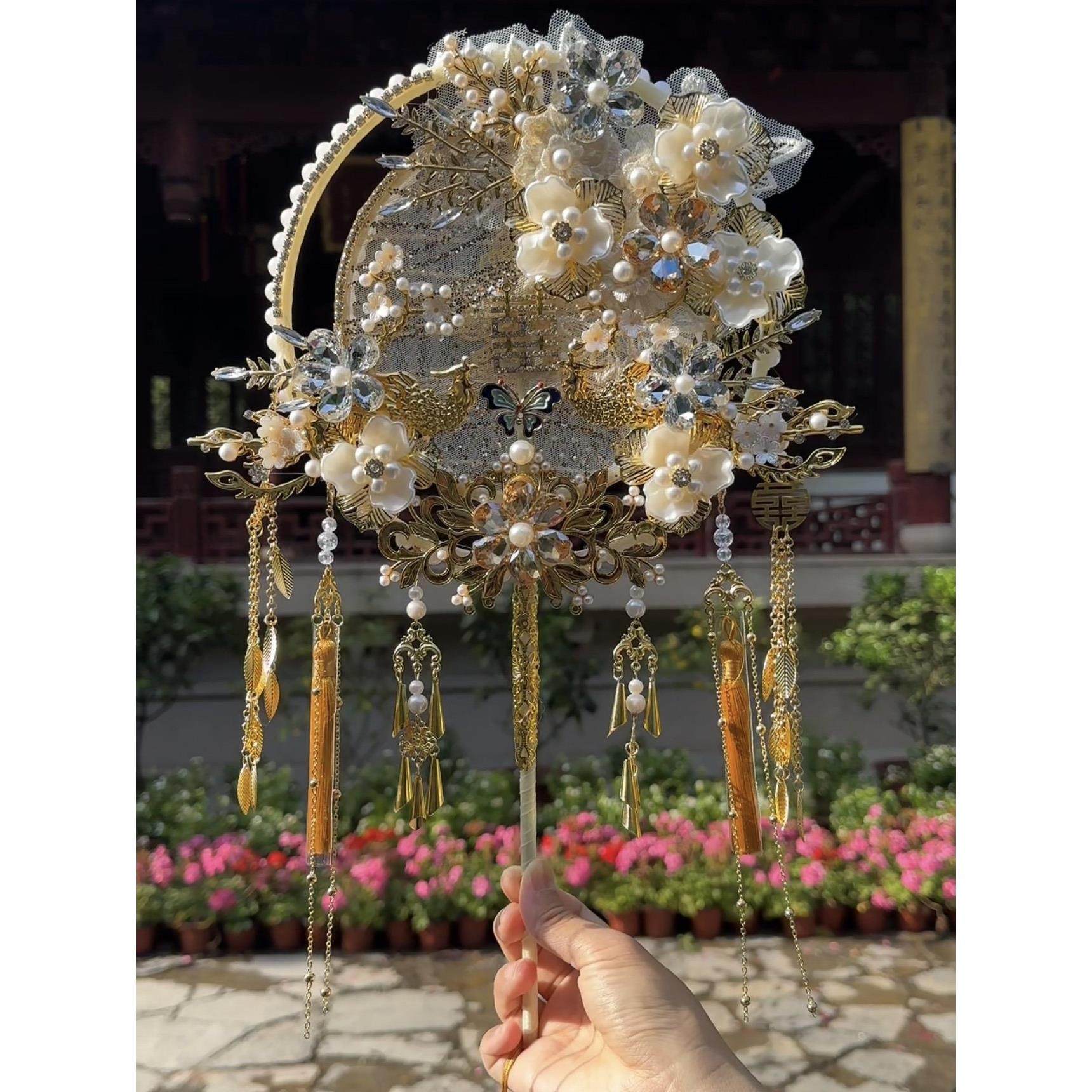 金色团扇新款新娘婚礼遮面扇闺蜜送礼喜扇秀禾服扇子手工diy喜扇,淘宝优惠券,粉丝福利购,淘宝优惠卷