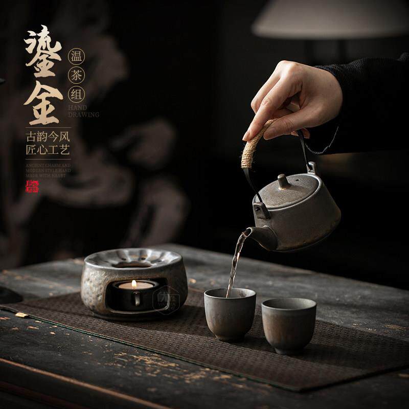 Stone pot with beam lifting pot insulation heating warm tea stove set retro gilt Kung Fu tea set candle tea warmer small fire stove