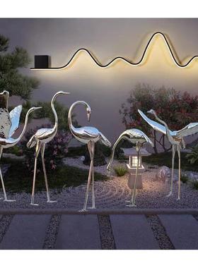 不锈钢镜面鹤雕塑锻铁钢丝剪编织火烈鸟玻璃纤维鹤白鹭装饰品