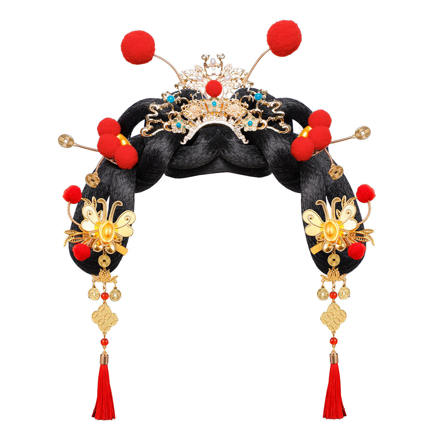 古风儿童假发套装宫廷风流苏新年喜庆红色配饰百搭发髻头饰组合女,淘宝优惠券,粉丝福利购,淘宝优惠卷