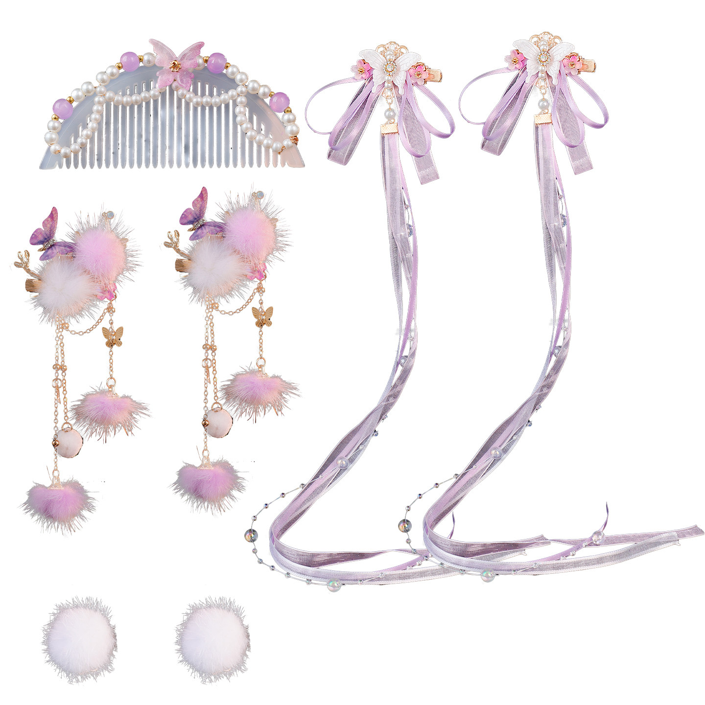 蝴蝶飘带对夹古风发饰毛球发夹流苏紫色可爱日常发梳u钗组合套装,淘宝优惠券,粉丝福利购,淘宝优惠卷