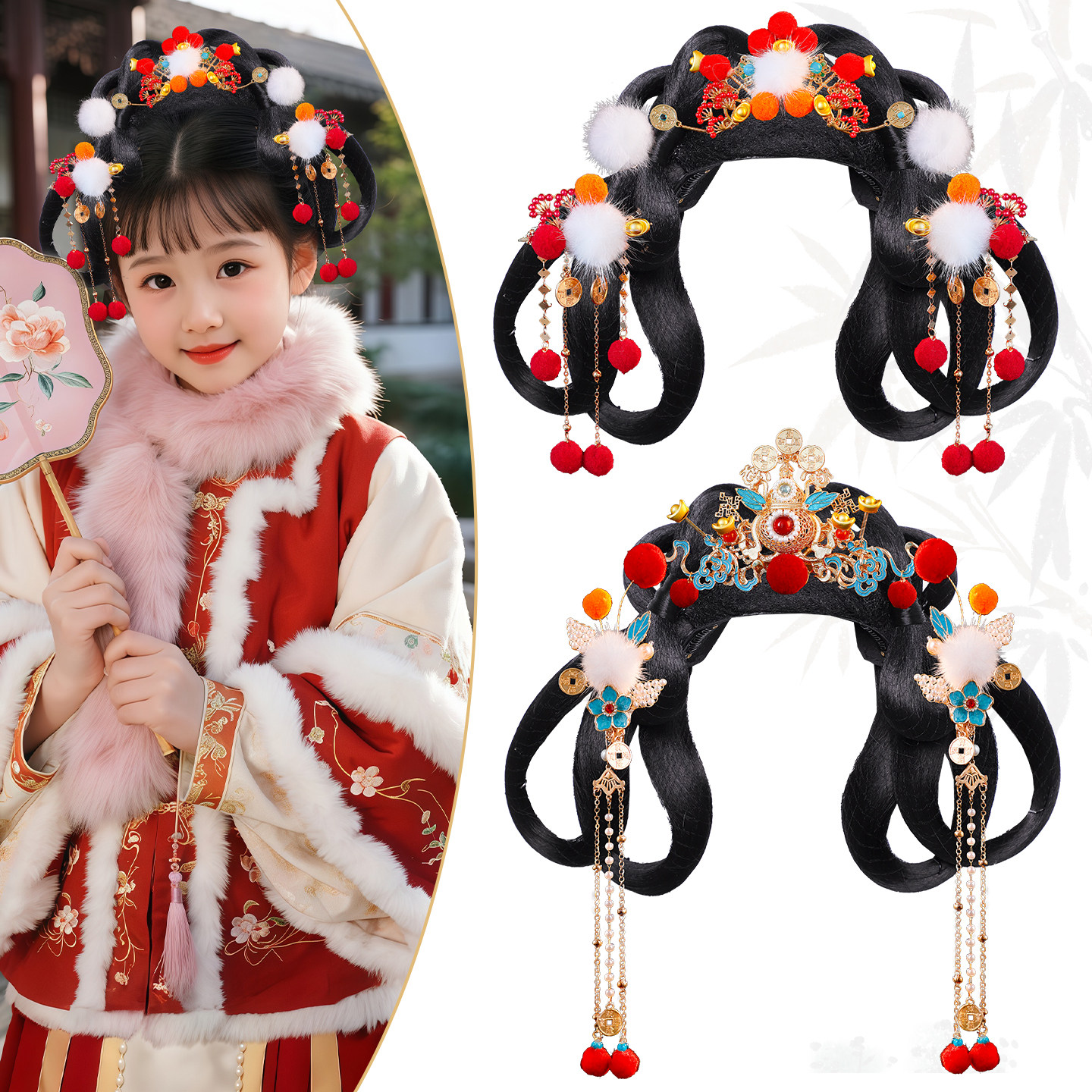 古风汉服头饰女童一体式全套发髻新年喜庆头饰演出假发发包组合,淘宝优惠券,粉丝福利购,淘宝优惠卷