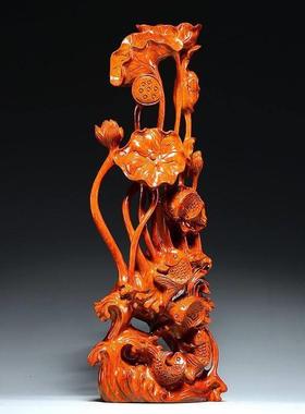 花梨木雕年年有鱼根雕荷花动物摆件红木家居装饰工艺礼品摆饰乔迁