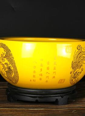 景德镇黄色陶瓷聚宝盆招财聚财鱼缸客厅创意花瓶瓷器摆件金色花盆