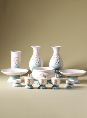 陶瓷佛前供奉莲花香炉佛具用品套装大全供果盘供水杯花瓶香筒摆件
