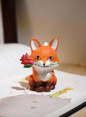 献给永远的小王子。手工木雕饰品，狐狸玫瑰，可爱浪漫的女孩礼物