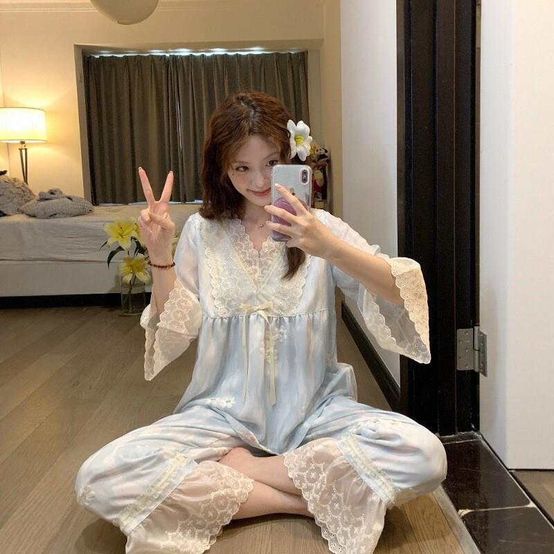 2025超火冰丝睡衣女款春秋可外穿公主风蕾丝边长裤家居服套装秋天 - 图1