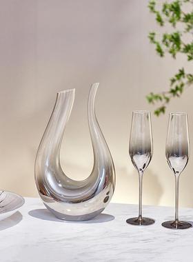 法式轻奢高档U型醒酒器高脚红酒杯大号酒具套装创意玻璃葡萄酒杯