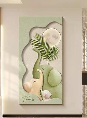 奶油风入户玄关装饰画简约大象走廊过道挂画绿植竖版立体砂岩壁画