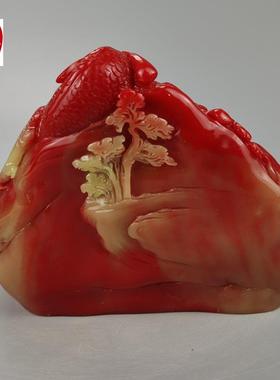 古玩收藏仿寿山石雕鸡血石盘龙山水摆件客厅装饰摆件观赏奇石