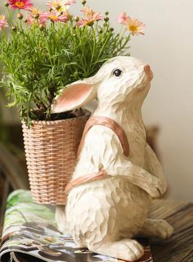 左岸麦田 格兰德花环小兔子背花篮花盆摆件创意树脂工艺家居饰品