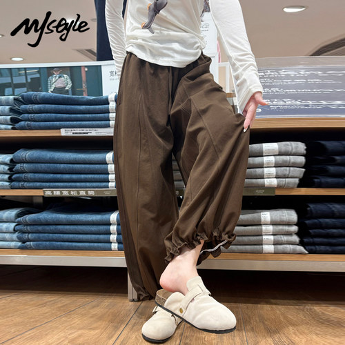 MJ STYLE咖色木耳边花苞裤女2025秋季新款裤子高腰小个子阔腿裤 - 图2