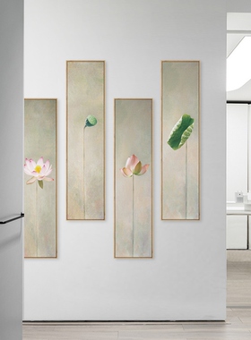 网红新中式莲花茶室装饰画禅意玄关背景墙挂画竖版长条墙面装饰荷