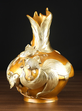 纯铜年年有余花瓶中式客厅办公室装饰品新家摆设礼品铜工艺品